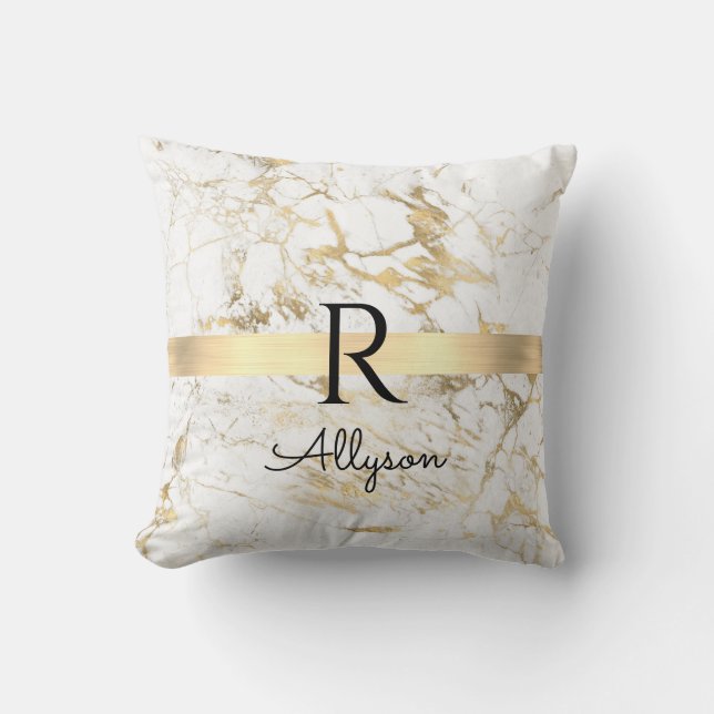 Wh & Gold Marble Gold Bar, DIY Black Name Monogram Cushion (Front)