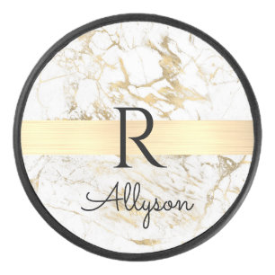 Wh & Gold Marble Gold Bar, DIY Black Name Monogram Hockey Puck
