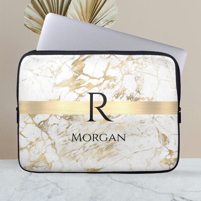 Wh & Gold Marble Gold Bar, DIY Black Name Monogram Laptop Sleeve (Creator Uploaded)