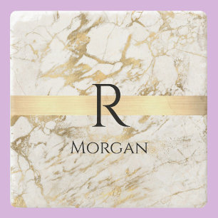 Wh & Gold Marble Gold Bar, DIY Black Name Monogram Stone Coaster
