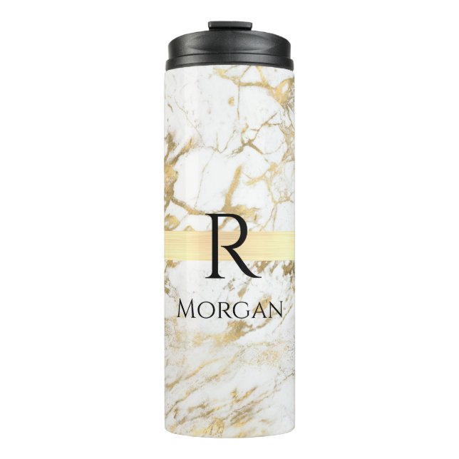 Wh & Gold Marble Gold Bar, DIY Black Name Monogram Thermal Tumbler (Front)