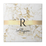 Wh & Gold Marble Gold Bar, DIY Black Name Monogram Tile<br><div class="desc">Personalise your name in black script and black monogram on trendy Gold Bar on White and Gold Marble. Click “Customise” to change colours and type styles</div>