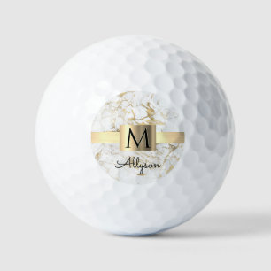 Wh & Gold Marble Gold Box, DIY Black Name Monogram Golf Balls