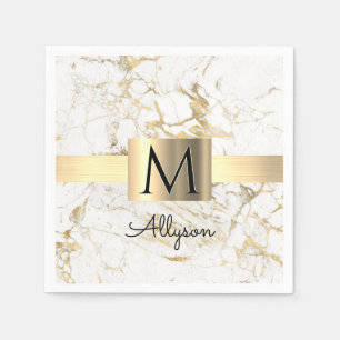 Wh & Gold Marble Gold Box, DIY Black Name Monogram Napkin