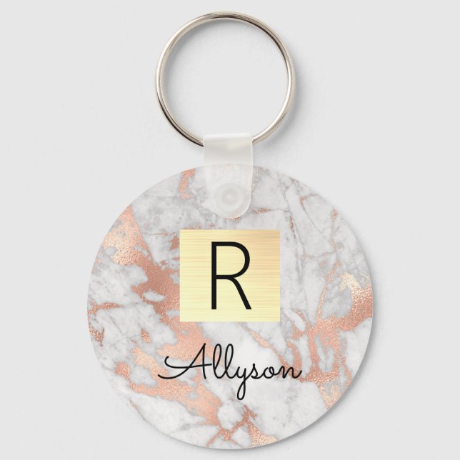 Wh & Rose Gold Marble Gold Box, Name & Monogram Ke Key Ring (Front)
