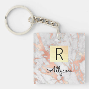 Wh & Rose Gold Marble Gold Box, Name & Monogram Key Ring