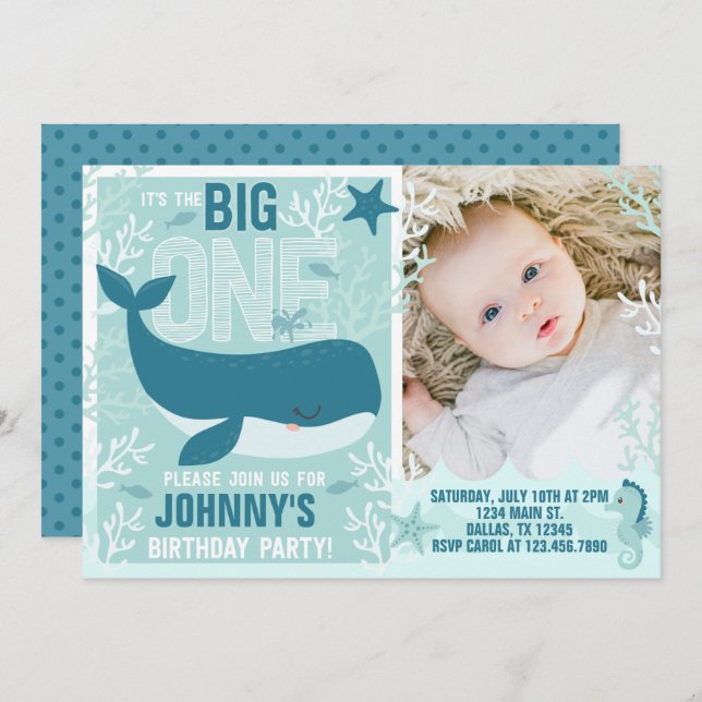 Whale 1st Birthday Party Invitation Invite (Front/Back)