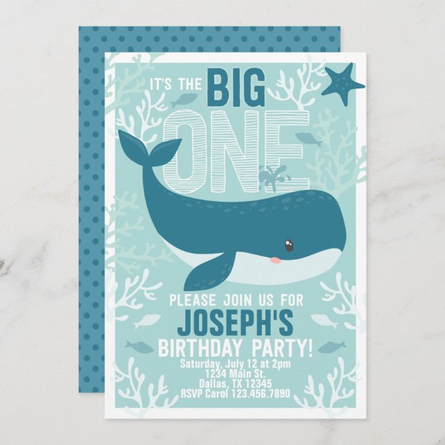Whale 1st Birthday Party Invitation Invite (Front/Back)