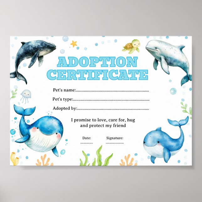 Whale adopt a pet colouring certificate poster (Front)