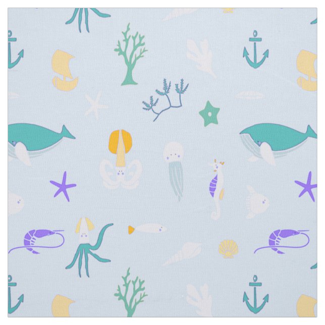 Whale, Anchors, Corals and Seaweed Pattern Fabric (Swatch)