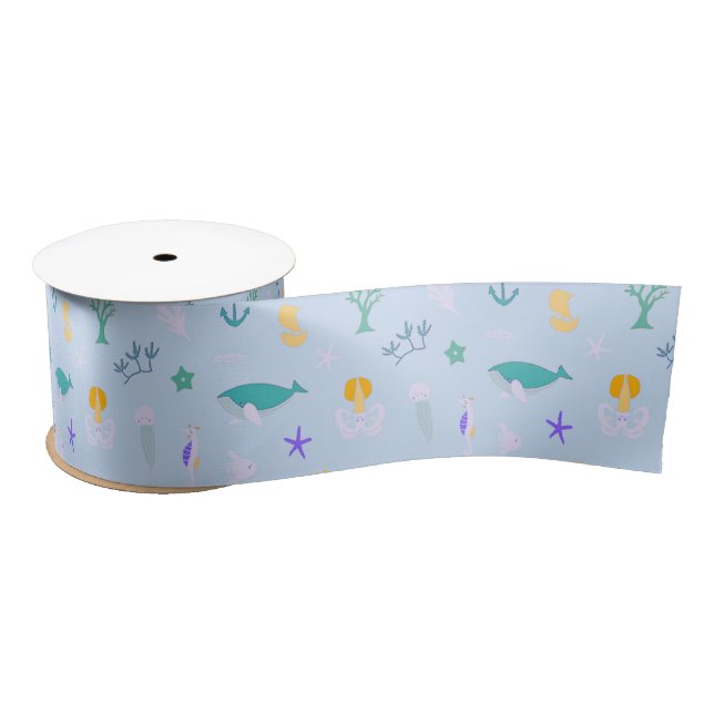 Whale, Anchors, Corals and Seaweed Pattern Satin R Ribbon (Spool)
