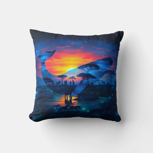 Whale and African Wildlife Sunset Double Exposure Cushion (Front)