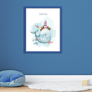 Whale and Lighthouse Magical Watercolor Poster