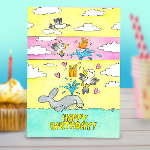 Whale and Seagull Happy Birthday Greeting Card