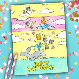Whale and Seagull Happy Birthday Postcard