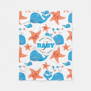 Whale and Starfish Baby Monogram Pattern Fleece Blanket