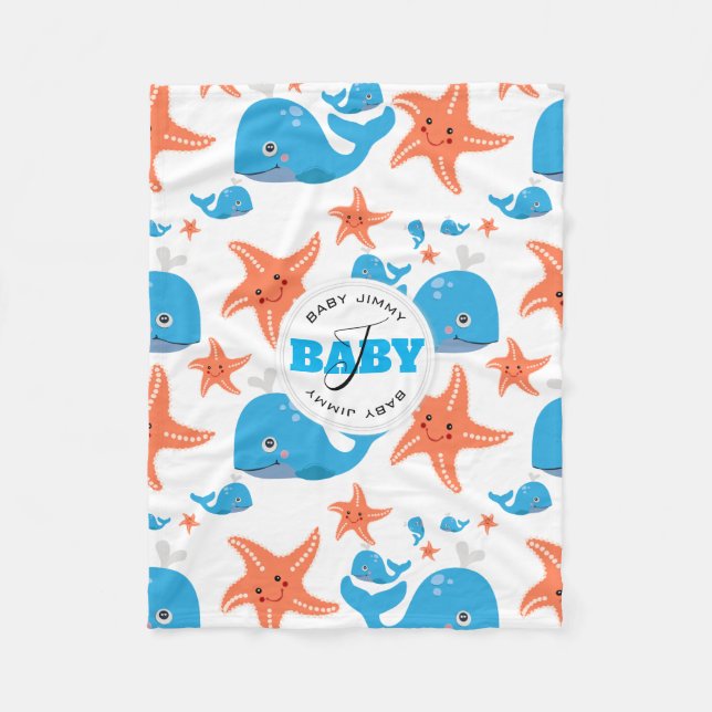 Whale and Starfish Baby Monogram Pattern Fleece Blanket (Front)