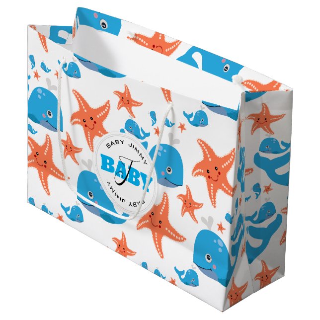 Whale and Starfish Baby Monogram Pattern Large Gift Bag (Front Angled)