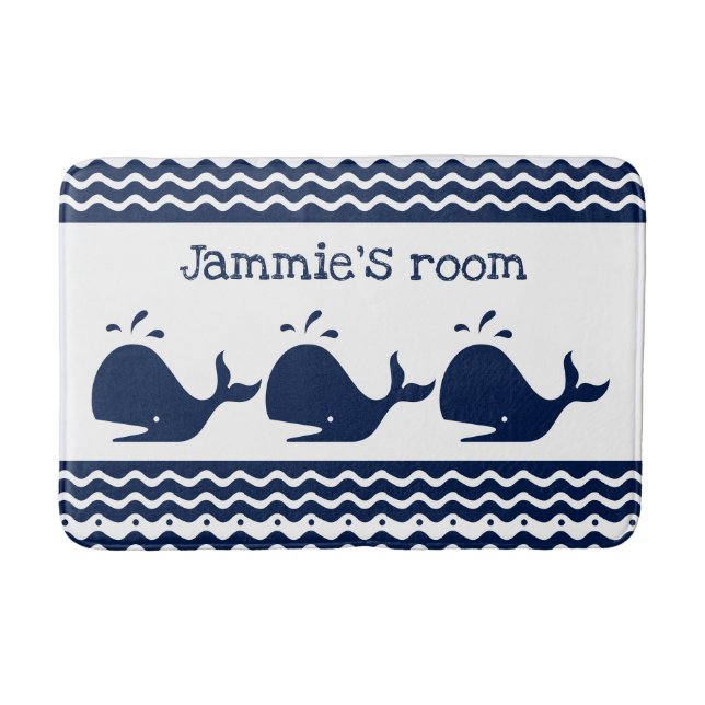 Whale and waves Blue and White Custom  Bath Mat (Front)