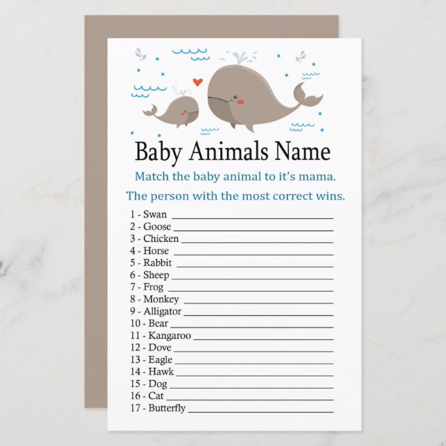 Whale Baby Animals Name Game (Front/Back)