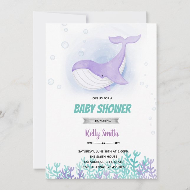 Whale baby shower girl invitation (Front)