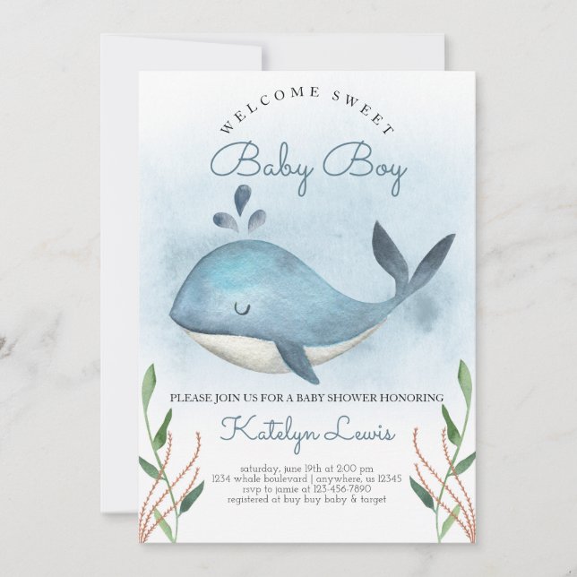 Whale Baby Shower Invitation for Baby Boy (Front)
