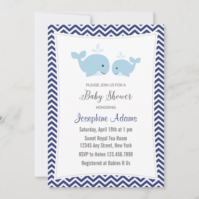 Whale Baby Shower Invitation Navy Blue (Front)