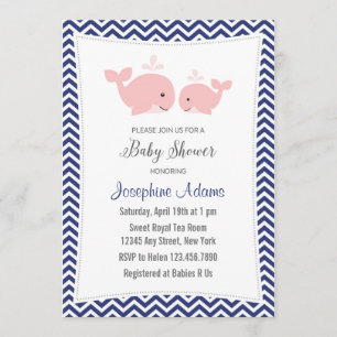 Whale Baby Shower Invitation Pink Navy Blue