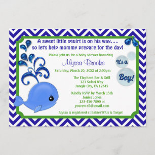 Whale Baby Shower Invitations Chevron Blue Green