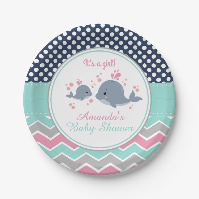 Whale Baby Shower Paper Plate Girl Chevron Polka (Front)
