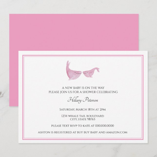 Whale baby Shower Pink Watercolor Girl Invitation (Front/Back)