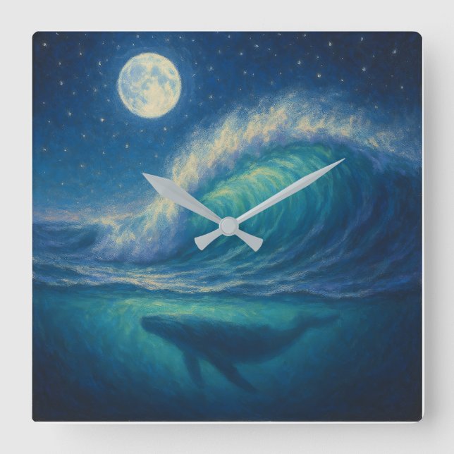 Whale Beneath Moonlit Wave - Pastel Painting Style Square Wall Clock (Front)