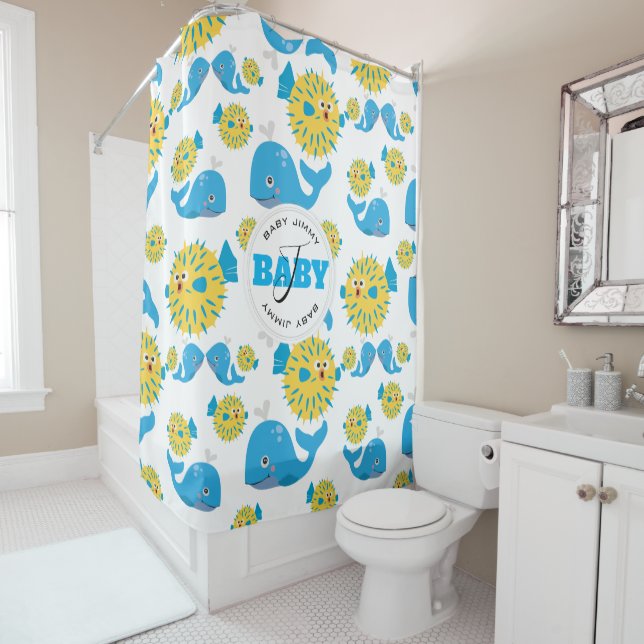 Whale & Blowfish Cartoon Baby Monogram Pattern Shower Curtain (In Situ)