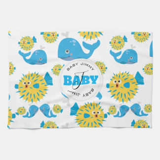 Whale & Blowfish Cartoon Baby Monogram Pattern Tea Towel