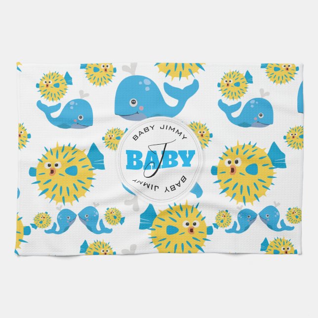 Whale & Blowfish Cartoon Baby Monogram Pattern Tea Towel (Horizontal)