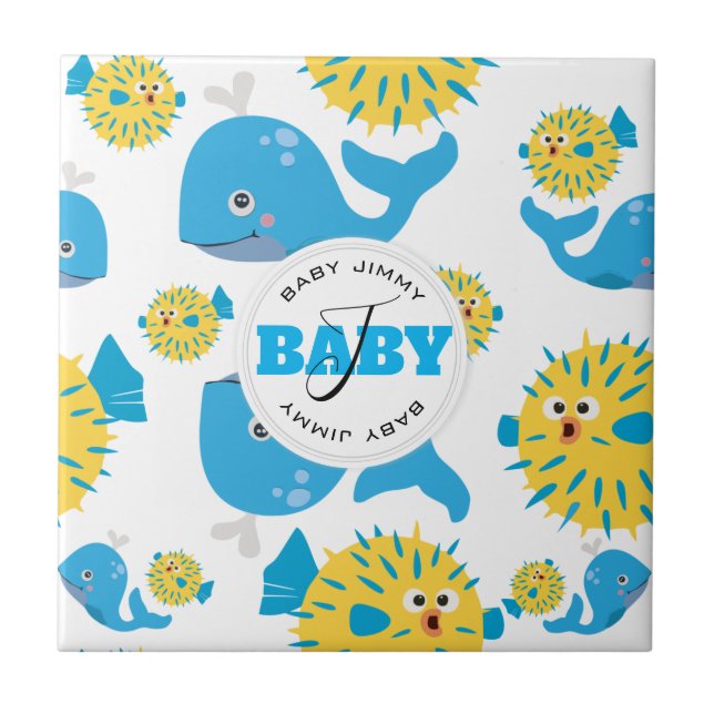 Whale & Blowfish Cartoon Baby Monogram Pattern Tile (Front)