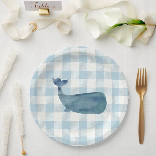Whale Blue Gingham Baby Shower Paper Plate (Wedding)