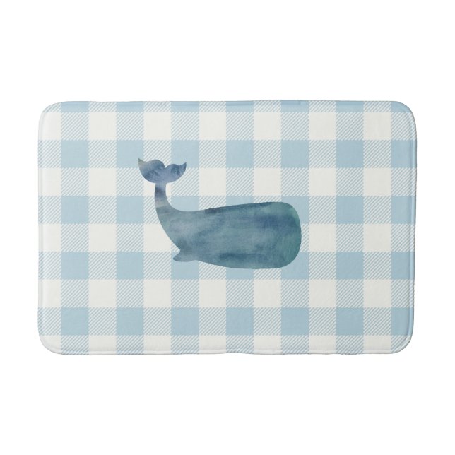Whale Blue Gingham Check Coastal Bath Mat (Front)
