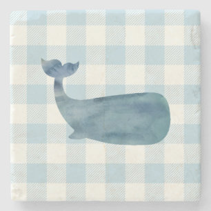 Whale Blue Gingham Check Coastal Stone Coaster