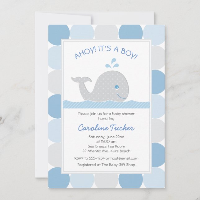 Whale Blue Grey Baby Boy Shower Invitation (Front)