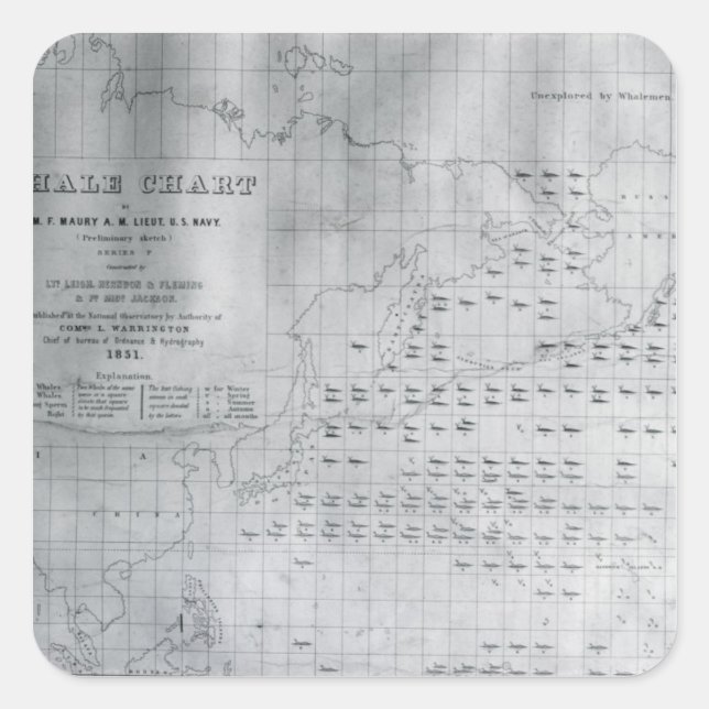 Whale Chart of the North Pacific, 1851 Square Sticker (Front)