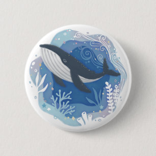 Whale & Corals in Ocean Paper Art Illustration 6 Cm Round Badge