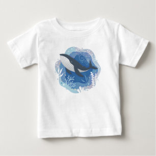 Whale & Corals in Ocean Paper Art Illustration Baby T-Shirt