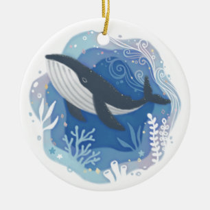 Whale & Corals in Ocean Paper Art Illustration Ceramic Tree Decoration