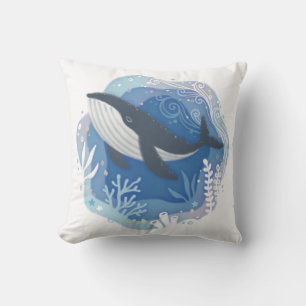 Whale & Corals in Ocean Paper Art Illustration Cushion