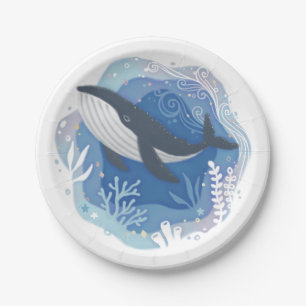 Whale & Corals in Ocean Paper Art Illustration Plate