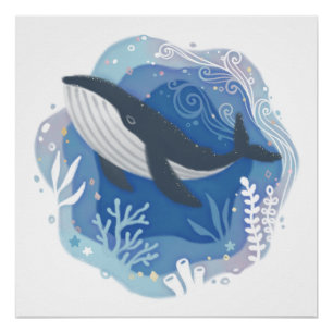 Whale & Corals in Ocean Paper Art Illustration Poster