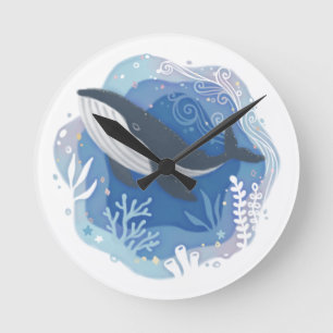 Whale & Corals in Ocean Paper Art Illustration Round Clock