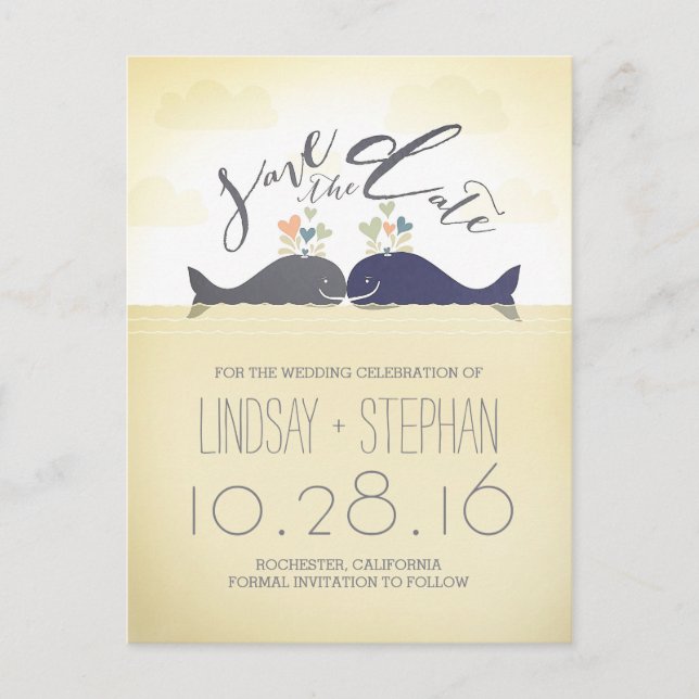 Whale couple cute nautical save the date postcard (Front)