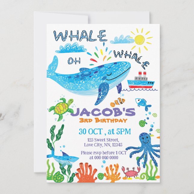 Whale Hand Drawn Birthday Invitation (Front)
